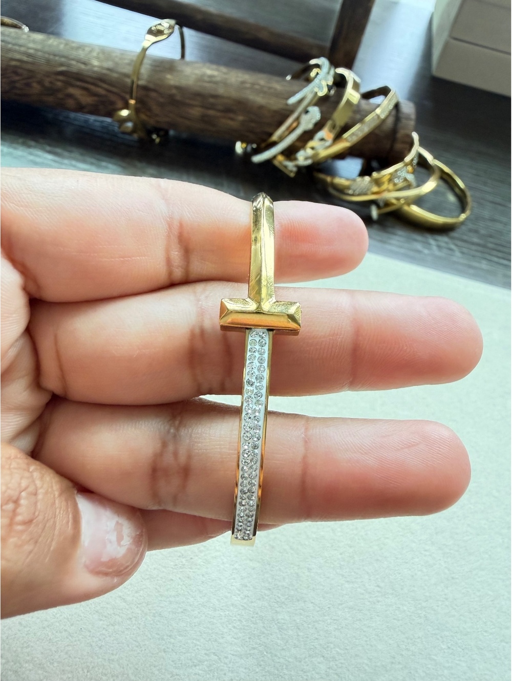 Non-Tarnish 18K Gold Plated Crystal T-Bar Bangle